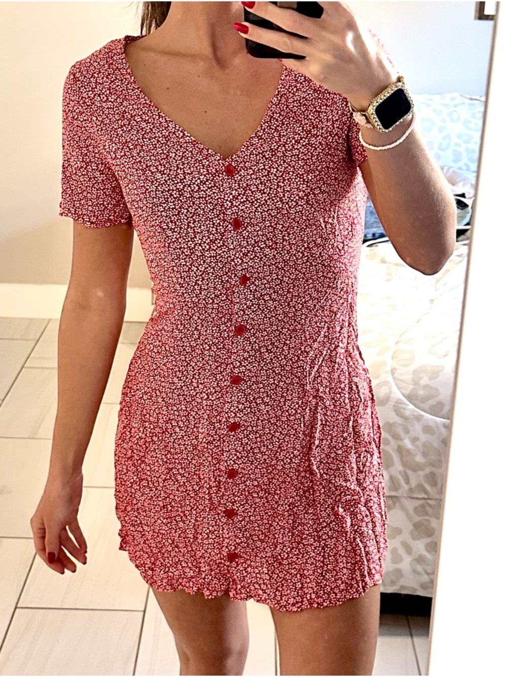 H&M Red Floral Button-Front Short Sleeve Mini Dress